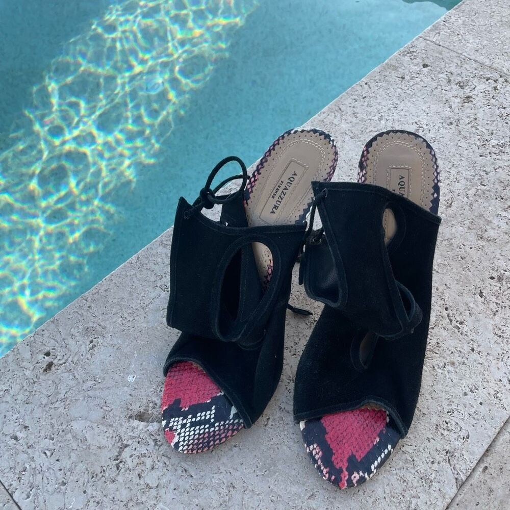 Aquazurra Black Red Python Cutout Heels